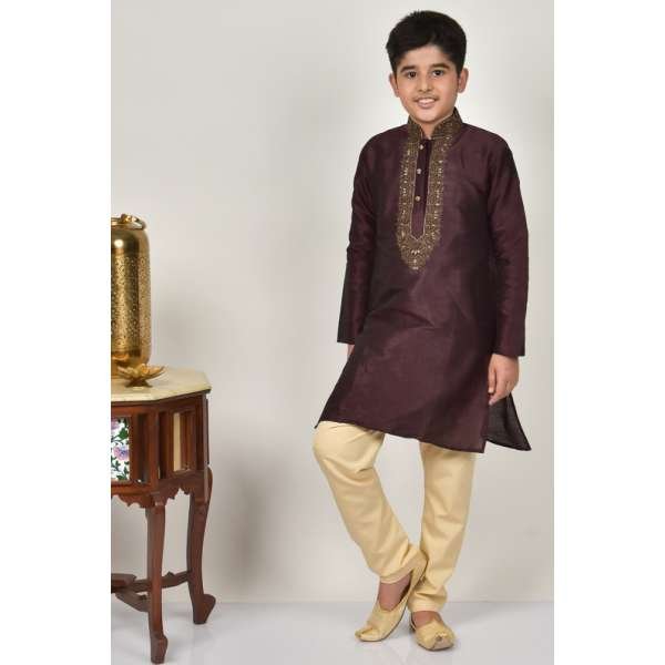 Maroon Embroidered Kurta Pajama For Boys