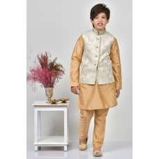 Gold Jamawar Fancy Party Wear Waistcoat For Boys