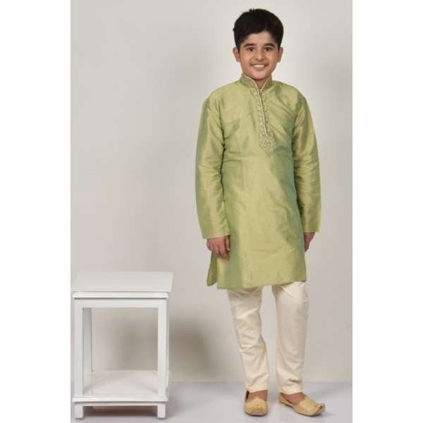 Pista Green Embroidered Wedding Kids Kurta Pajama
