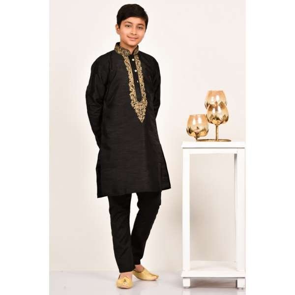 Black Gold Embroidered Boys Festive Kurta Pajama