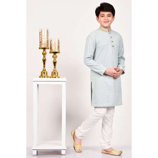 Light Grey White Stitched Boys Kurta Pajama Set