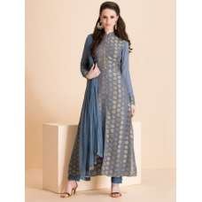 FADED DENIM BLUE/GREY AND GOLD READY MADE DRESS WITH CAPRI TROUSERS (XXS Size Only)