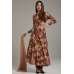Elegant Brown Foil Printed Circular Style Anarkali Dress