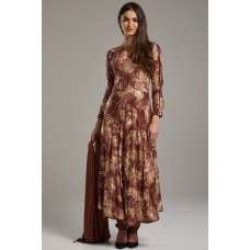 Elegant Brown Foil Printed Circular Style Anarkali Dress