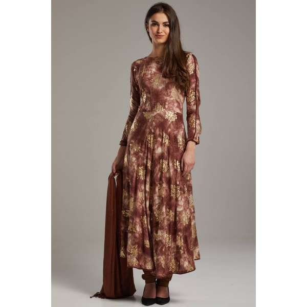 Elegant Brown Foil Printed Circular Style Anarkali Dress
