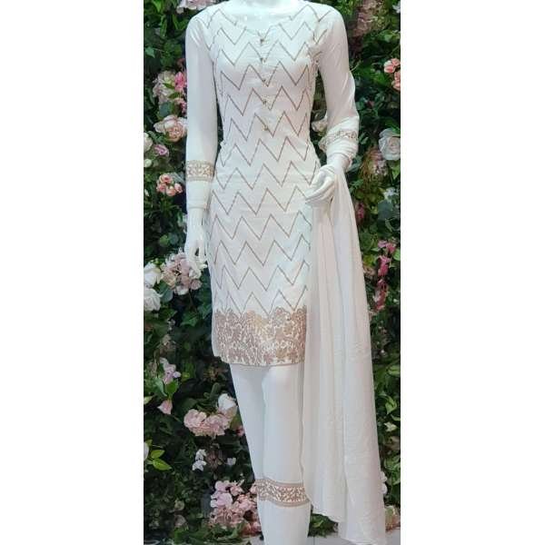 WHITE RICH LINEN FABRIC READYMADE PAKISTANI SALWAR KAMEEZ