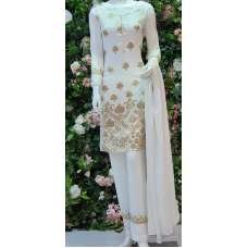 WHITE & GOLD DESIGNER READY TO WEAR LINEN SALWAR SUIT