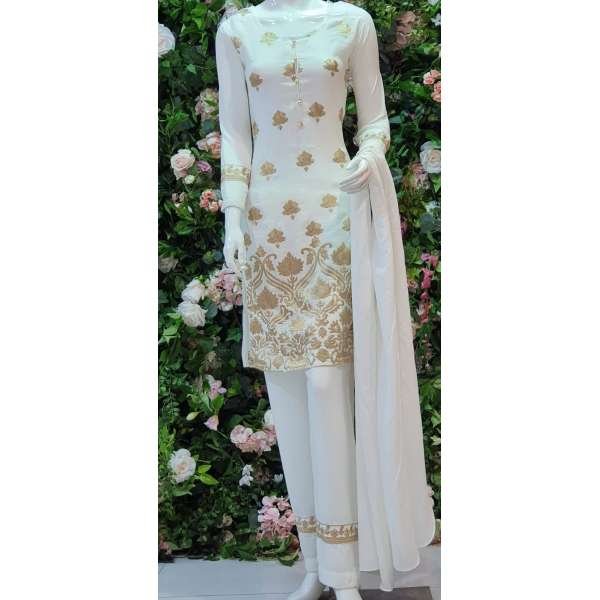 WHITE & GOLD DESIGNER READY TO WEAR LINEN SALWAR SUIT