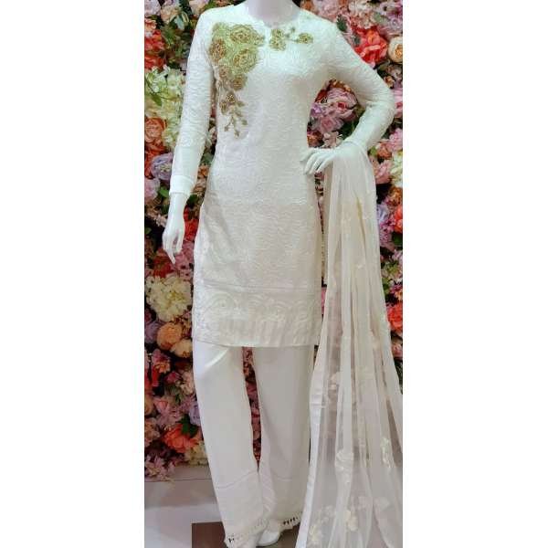 White Chiffon Pakistani Party Readymade Suit