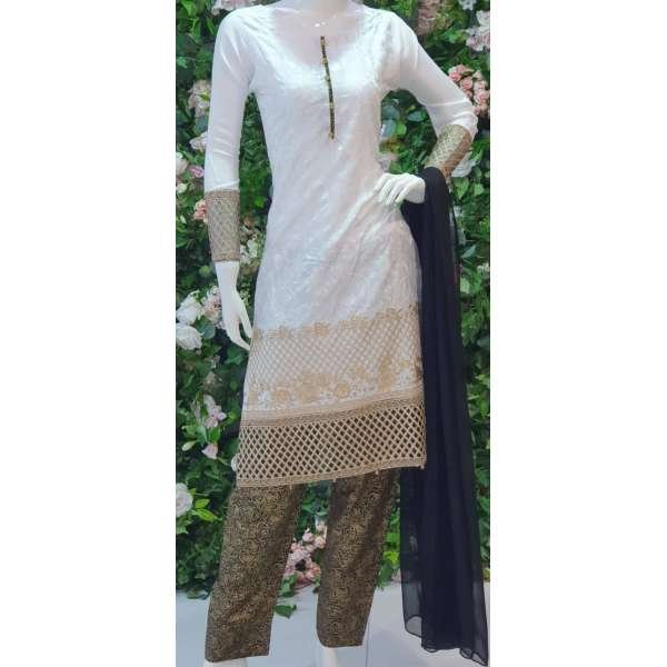 WHITE LINEN & GEORGETTE READYMADE PAKISTANI SALWAR SUIT