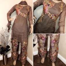 Brown Bronze Chiffon Suit Pakistani Designer Dress Brown Bronze Chiffon Suit Pakistani Designer Dress