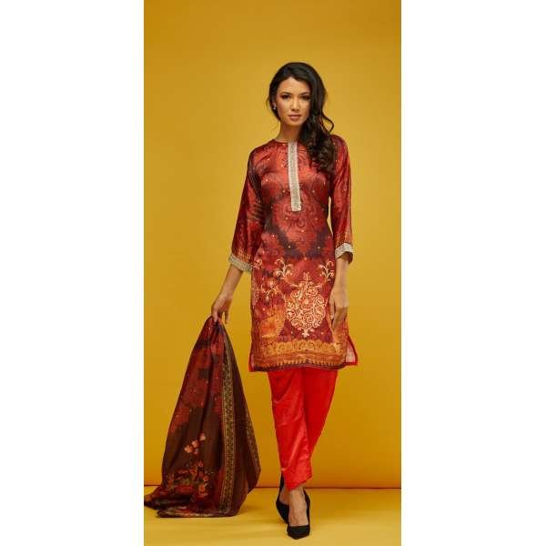 Red Printed 100% Silk Salwar Kameez