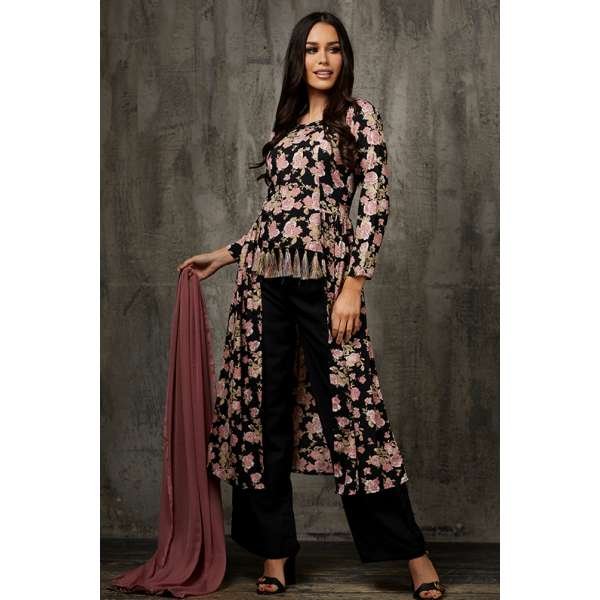 Black Floral Shirt & Trouser Readymade Jacket Style Pakistani Dress