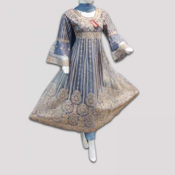 Grey Embroidered Fancy Frock Indian Party Dress