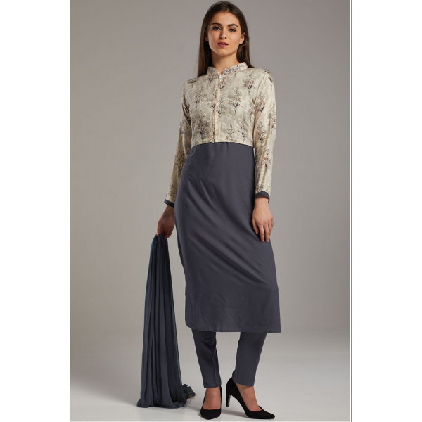 Grey Printed Layered Style Readymade Suit