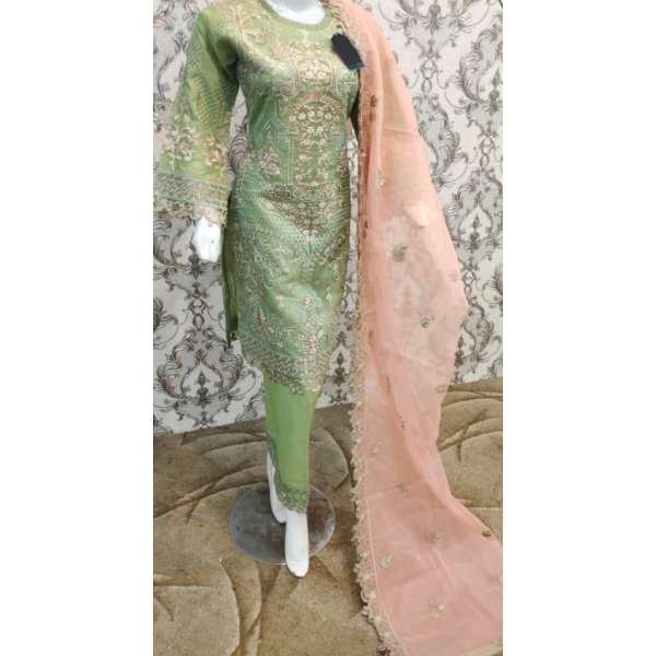 Green & Peach Embroidered Fancy Wedding Salwar Suit