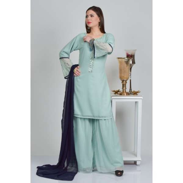 Mint Stitched Party Wear Ladies Gharara Suit