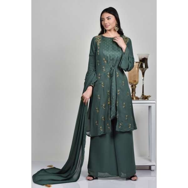 Stunning Moss Green Jacket Style Gharara Dress