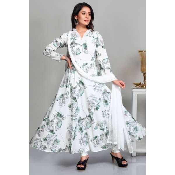 Off White Digital Printed Frock Style Readymade Suit