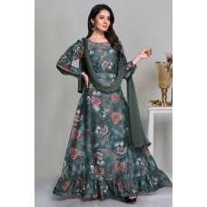 Charcoal Grey Printed Long Dress Party Wear Gown Charcoal Grey Printed Long Dress Party Wear Gown