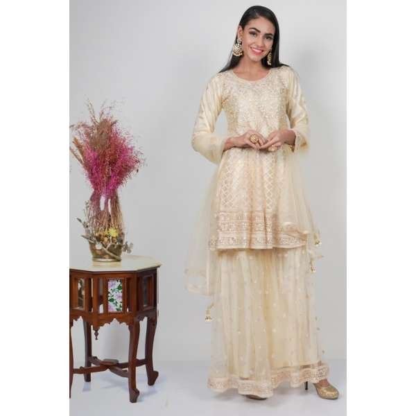 Cream Embroidered Ethnic Gharara Wedding Dress
