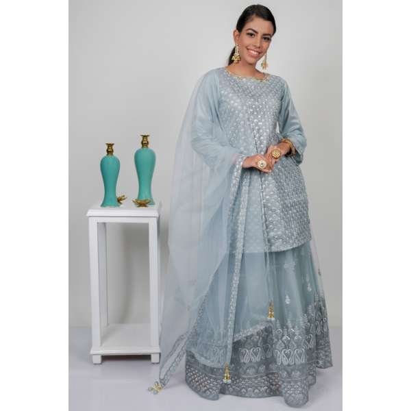 Grey Embroidered Designer Party Wear Lehenga Dress