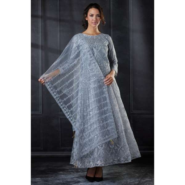 Grey Embroidered Wedding Designer Anarkali Frock Dress
