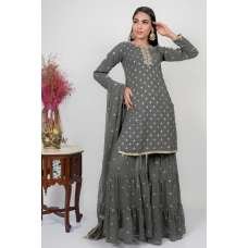 Grey Embroidered Designer Punjabi Gharara Suit