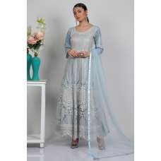 Dusty Blue Net Embroidered Anarkali Dress
