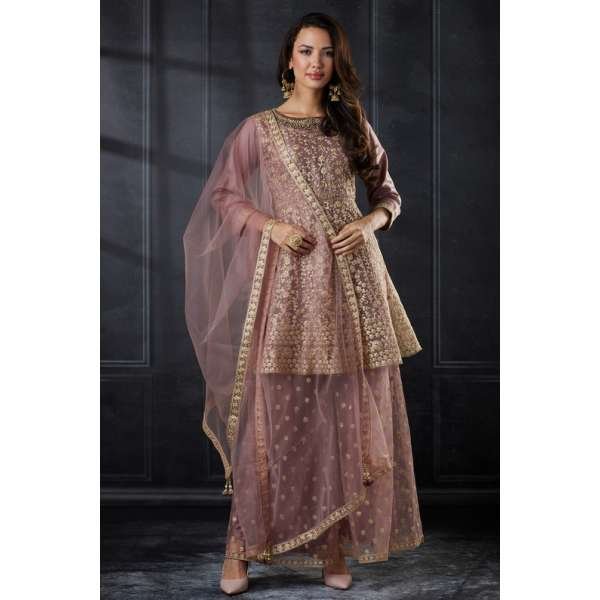 Rose Pink Net Heavy Embroidered Readymade Sharara Suit