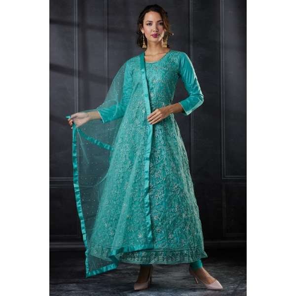 Ferozi Net Embroidered Indian Designer Anarkali Suit