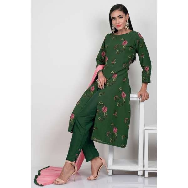 Green Floral Printed Readymade Casual Suit