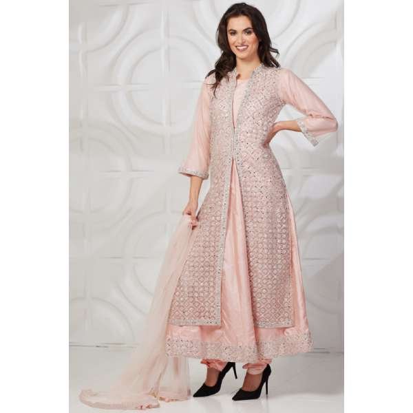 Peach Net Jacket Style Frock Fancy Party Suit