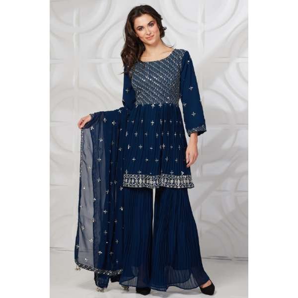 Teal Blue Sequin Party Style Layered Gharara Suit