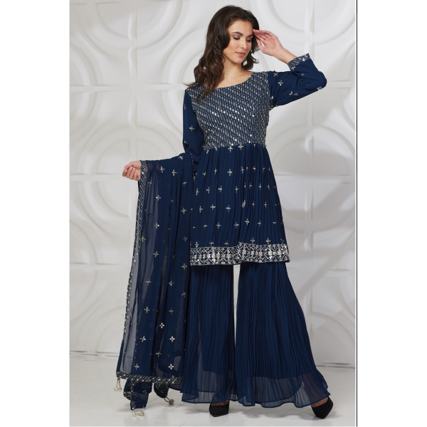  Blue Peplum Embellished Party Dress Gharara Suit