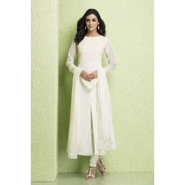  New White Chiffon Dress Pearl Design Readymade Suit