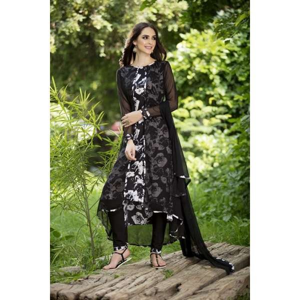 Black Jacket Printed Floral Dress Designer Wear Readymade Suit