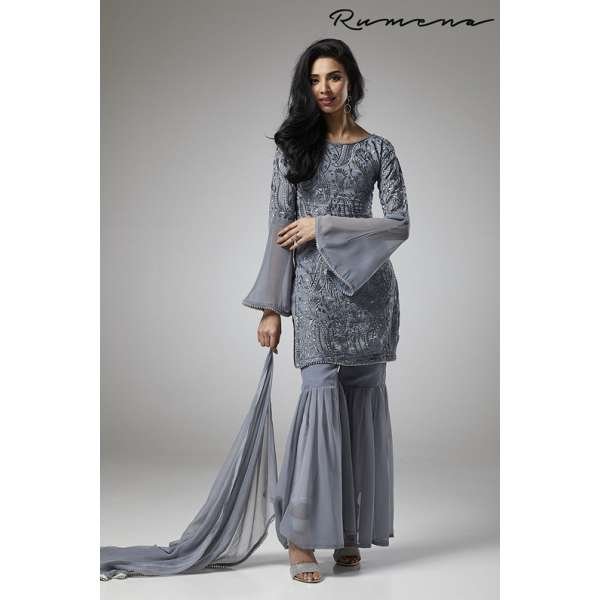 GREY GEORGETTE GHARARA PANTS STYLISH READY MADE SUIT