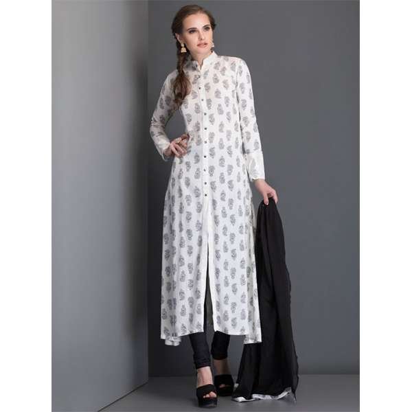 OFF WHITE BLOCK PRINT SLIT STYLE KURT AND CHURIDAAR READY MADE SUIT
