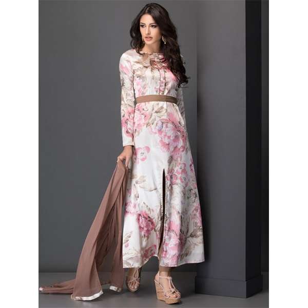 CREAM SOFT PASTEL FLOWER LONG LINE SLIT STYLE SUIT