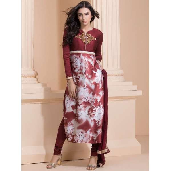 MAROON EMBROIDERED BODICE WITH PRINTED LOWER CHURIDAAR SUIT 