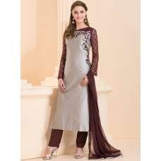 GREY AND PLUM CONTRAST SUIT WITH LACE SLEEVES AND THREAD WORK
