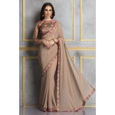 ZACS-60 BROWN GEORGETTE AND DUPION EMBROIDERED WEDDING WEAR SAREE