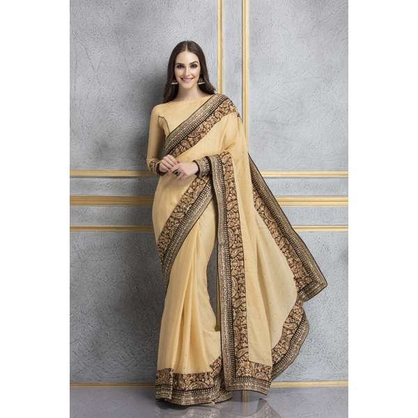 ZACS-68 BEIGE GEORGETTE ORNATE THREADWORK WEDDING WEAR SAREE
