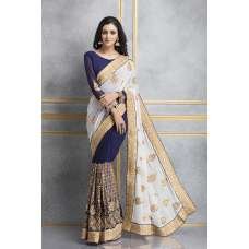 ZACS-70 WHITE AND NAVY GEORGETTE HEAVY MIRRORWORK WEDDING WEAR SAREE