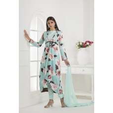 SEA BLUE JACKET STYLE FLORAL PRINTED SUIT