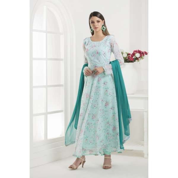AQUA MARINE FLORAL PRINTED LONG ANARKALI READY MADE SUIT 
