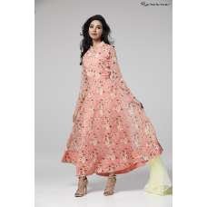 PEACH NOUGAT FLORAL PRINTED GEORGETTE READY MADE PARTY ANARKALI DESIGNER DRESS