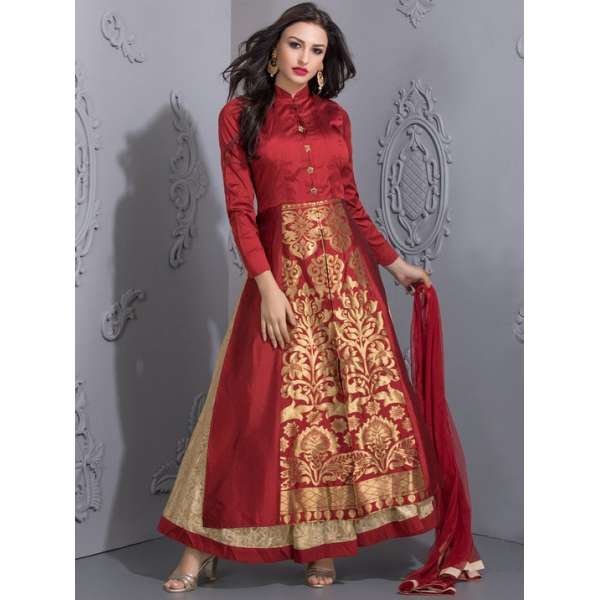RED RICH BROCADE WEDDING WEAR READY MADE DRESS