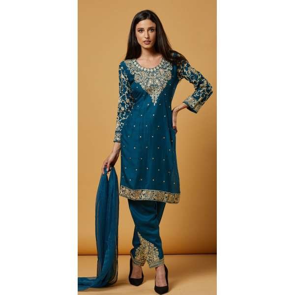 Turquoise Classic Embroidered Readymade Linen Salwar Suit